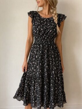 Le Ragazze Italy Black Floral Midi Dress Ruffle Sleeve Medium Fairy Grunge Goth